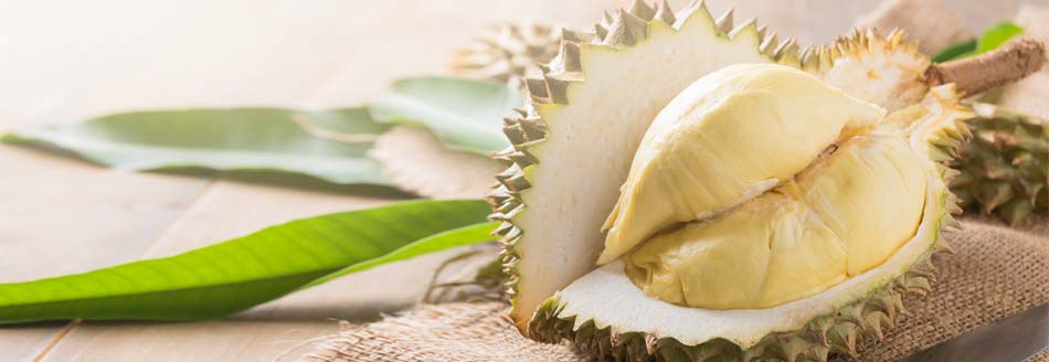 Eine aufgeschnittene Durian, die etwas uncharmant auch 